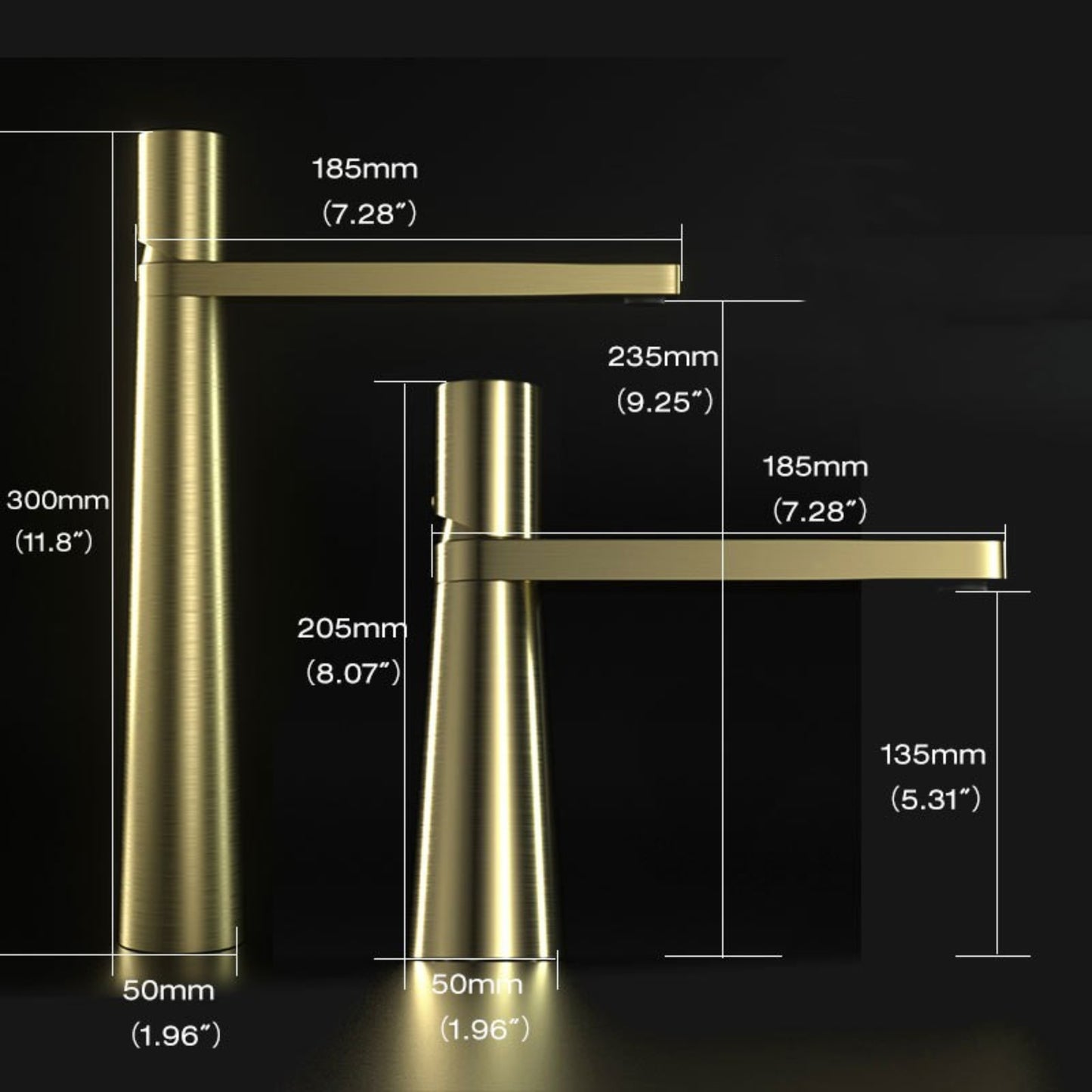 Gold faucet with measurements on a black background. Minimalist bathroom or kitchen faucet with premium copper faucet. Timeless design for warm and modern interiors.
