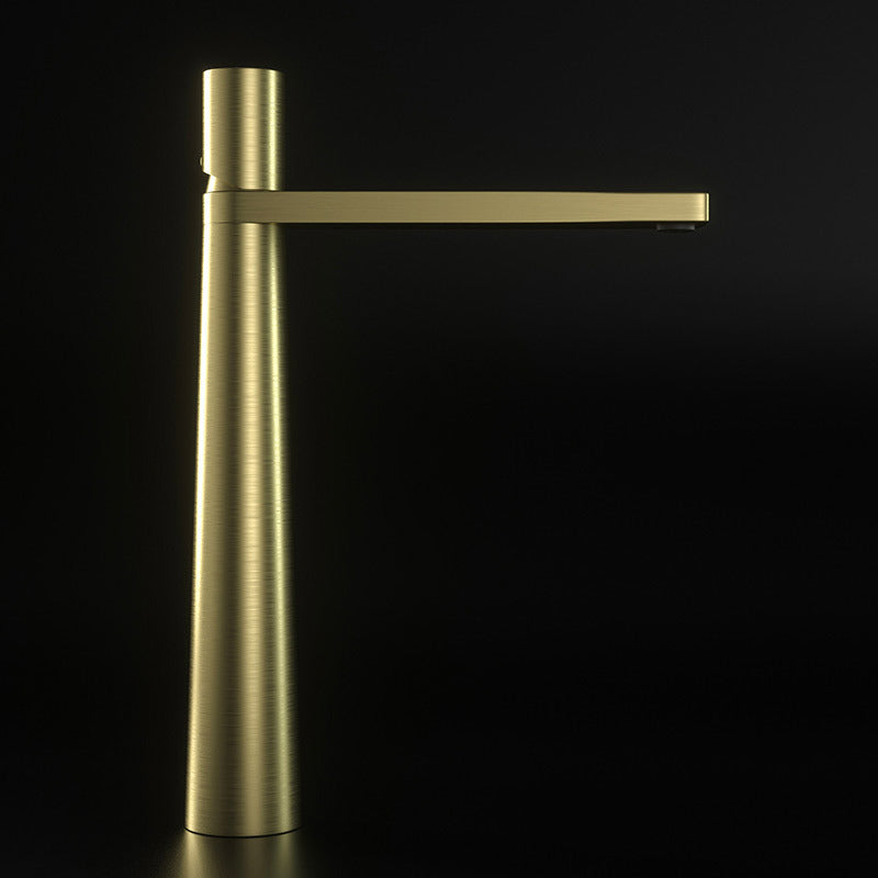 A gold colored basin faucet with a sleek design, displayed against a black background.  Minimalist bathroom or kitchen faucet with premium copper faucet. Timeless design for warm and modern interiors.