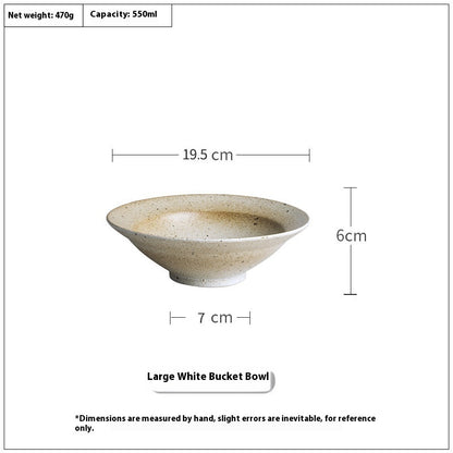 A set of ceramic bowls with a bamboo hat shape, displayed in beige color, with a speckled glaze finish. Pictured with measurements. Natural textures and earthy, warm tones. Timeless minimalist design.  