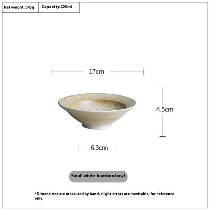 A set of ceramic bowls with a bamboo hat shape, displayed in beige-white color, with a speckled glaze finish. Pictured with measurements. Natural textures and earthy, warm tones. Timeless minimalist design.  