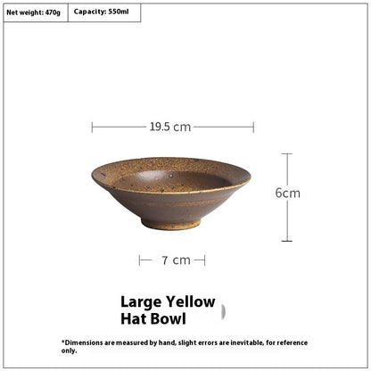 A set of ceramic bowls with a bamboo hat shape, displayed in brown color, with a speckled glaze finish. Pictured with measurements. Natural textures and earthy, warm tones. Timeless minimalist design.  