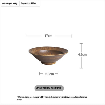 A set of ceramic bowls with a bamboo hat shape, displayed in brown color, with a speckled glaze finish. Pictured with measurements. Natural textures and earthy, warm tones. Timeless minimalist design.  