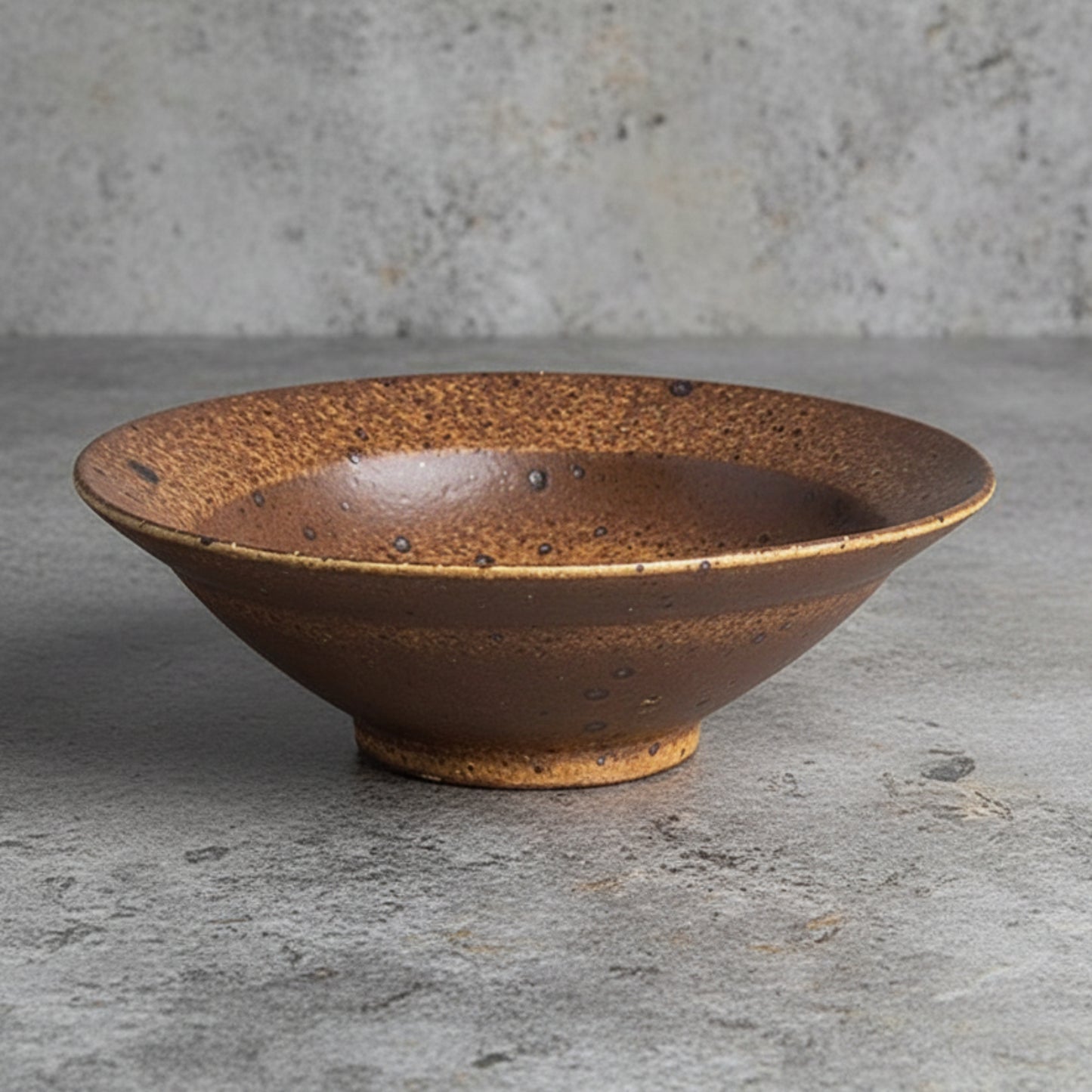 Brown ceramic bowl on a grey surface with a grey blurry background. Natural textures and earthy, warm tones. Timeless minimalist design.  
