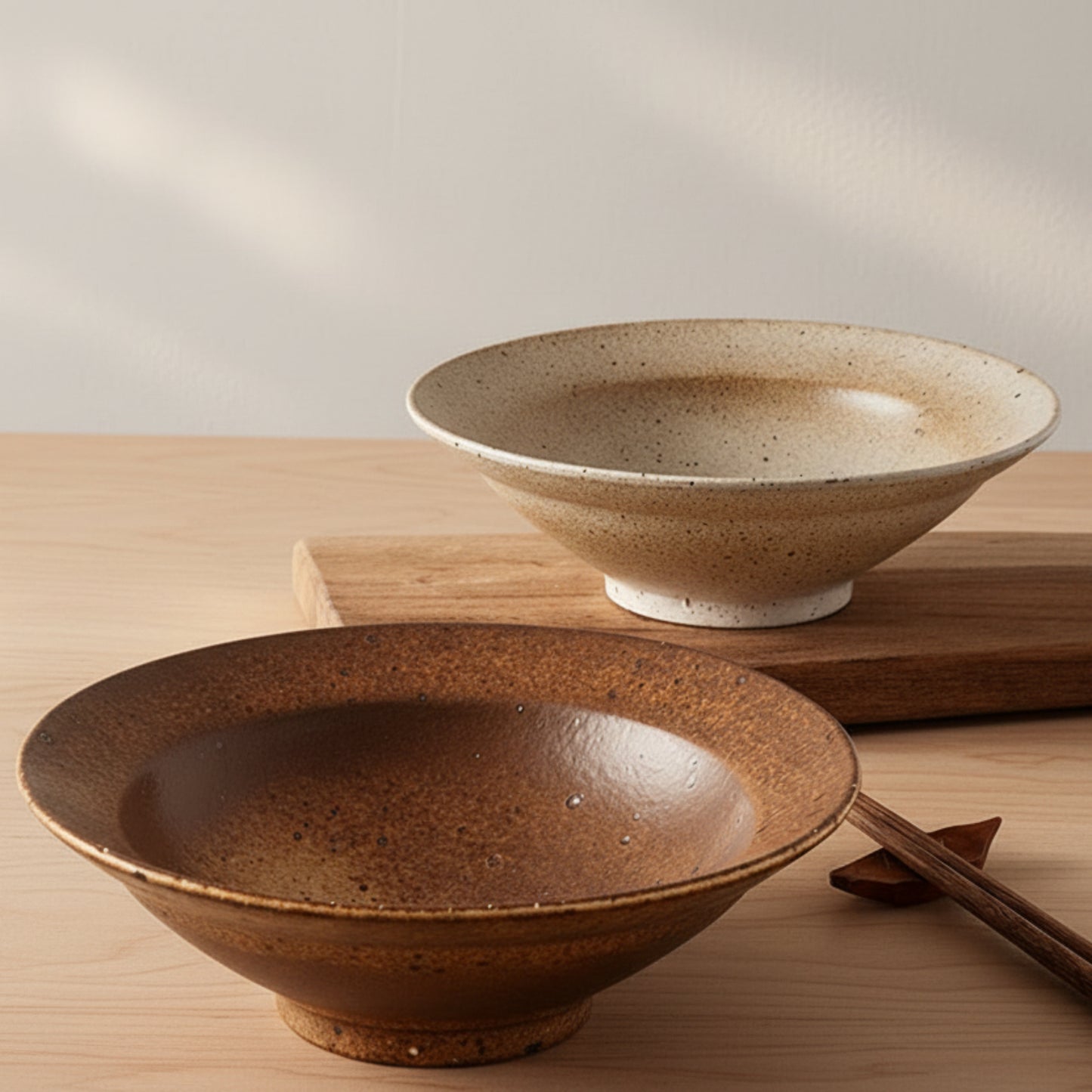 Two ceramic bowls on a wooden surface with a neutral background. Natural textures and earthy, warm tones. Timeless minimalist design.  