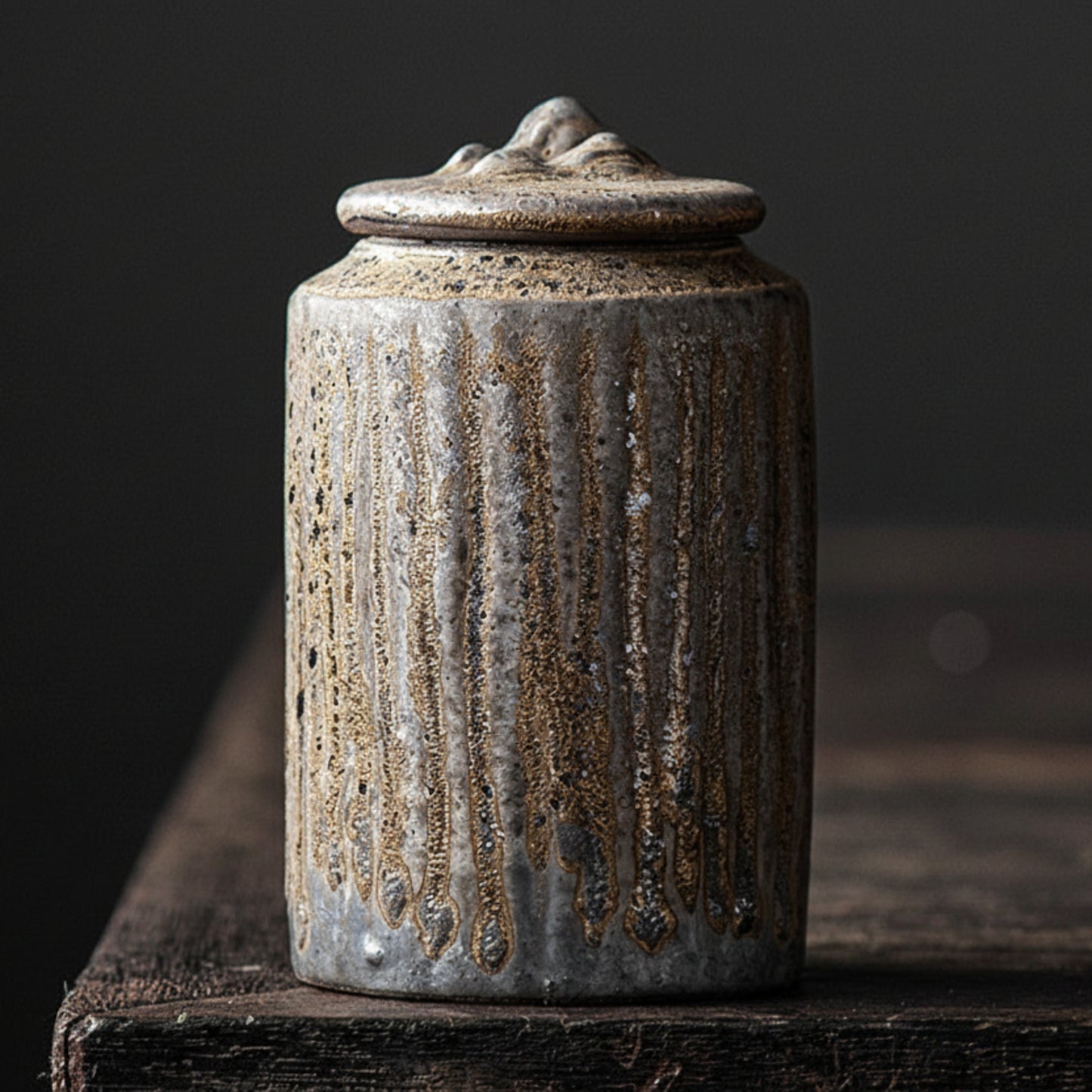 Dark and hand trimmed ceramic jar with lid on a dark wooden surface, with a dark background. Stylish kitchen decor. Modern and traditional. Timeless piece.