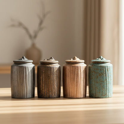 Four ceramic jars with lids on a wooden surface, with a neutral beige background. Stylish kitchen decor. Modern and traditional. Timeless pieces. 