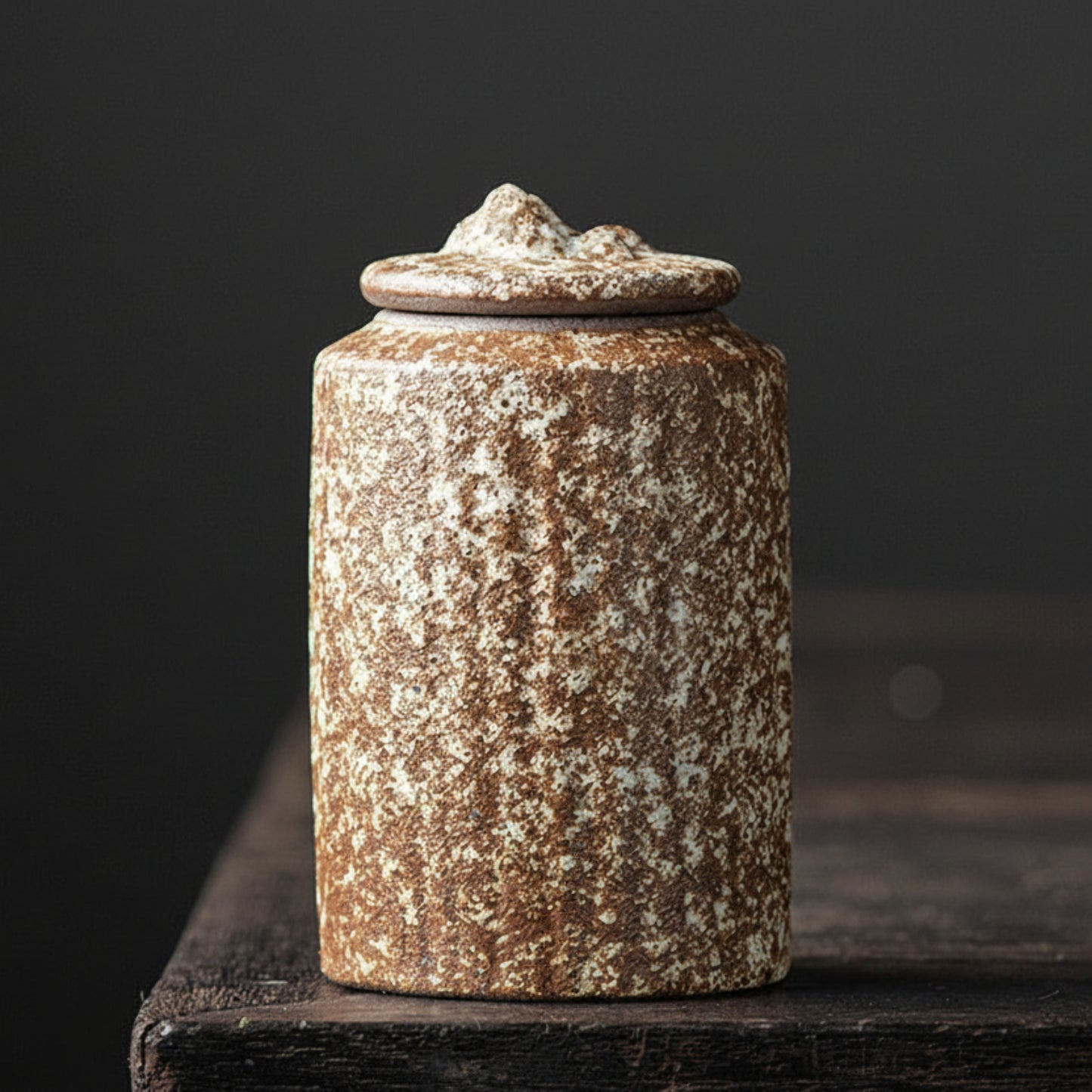 Rustic ceramic jar with a textured surface on a dark background. Rusic and hand trimmed ceramic jar with lid on a dark wooden surface, with a dark background. Stylish kitchen decor. Modern and traditional. Timeless piece.