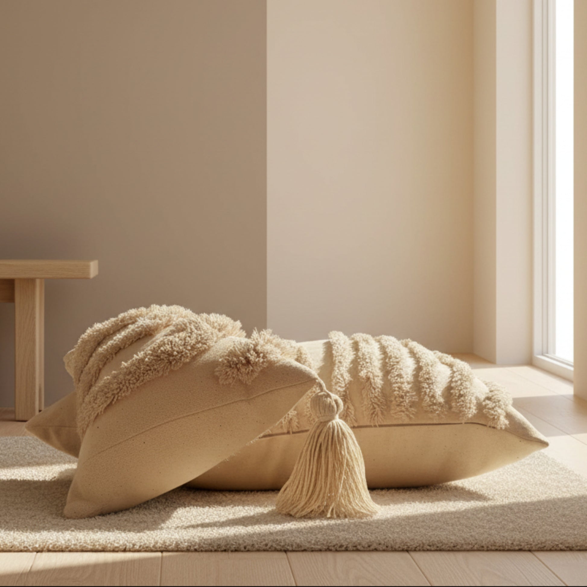 Two beige textured pillows with tassels on a carpet, a wooden floor and a beige background. Scandinavian interior with beige and warm light. 