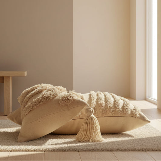 Two beige textured pillows with tassels on a carpet, a wooden floor and a beige background. Scandinavian interior with beige and warm light. 