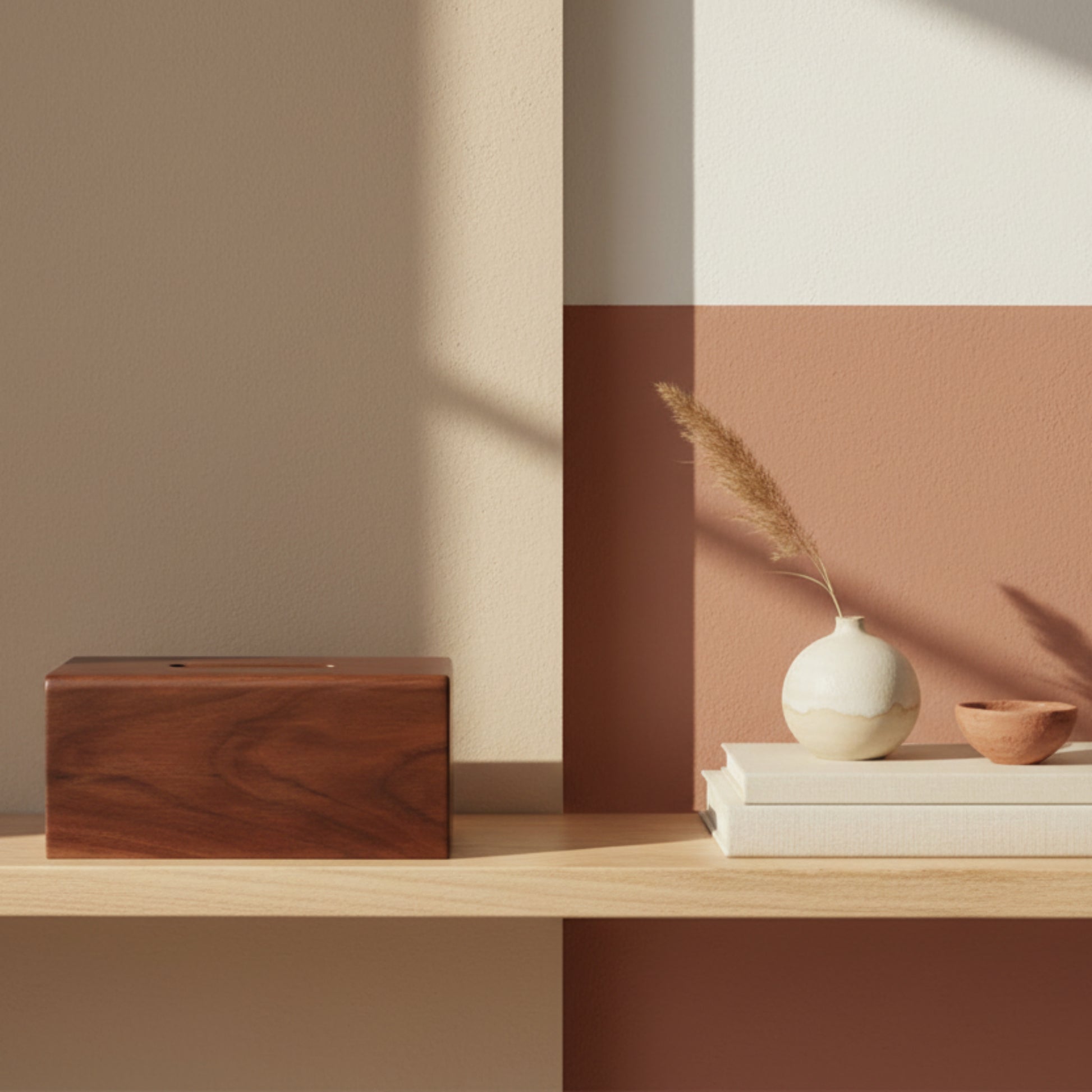 Natural walnut tissue box with warm earthy tones and organic materials on a wooden table with e beige/brown background and dried flowers. Perfect for a minimalist interior atmosphere. Walnut Tissue Box. 