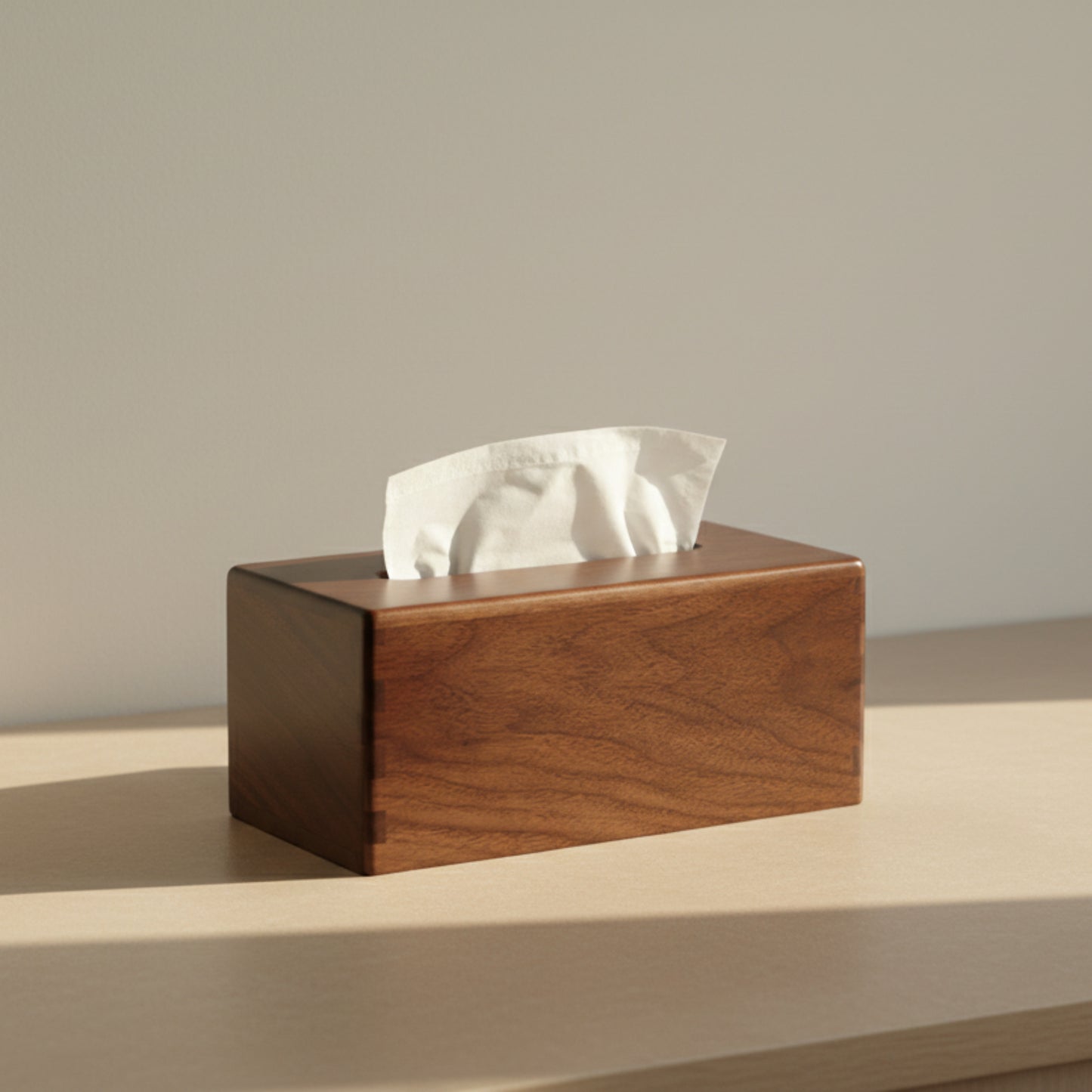 Natural walnut tissue box with warm earthy tones and organic materials on a wooden table with e white background. Perfect for a minimalist interior atmosphere. Walnut Tissue Box. 