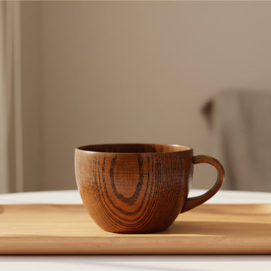 Whole wood mug on a wooden surface with a beige background. Nature inspired and warm natural decor styling. 