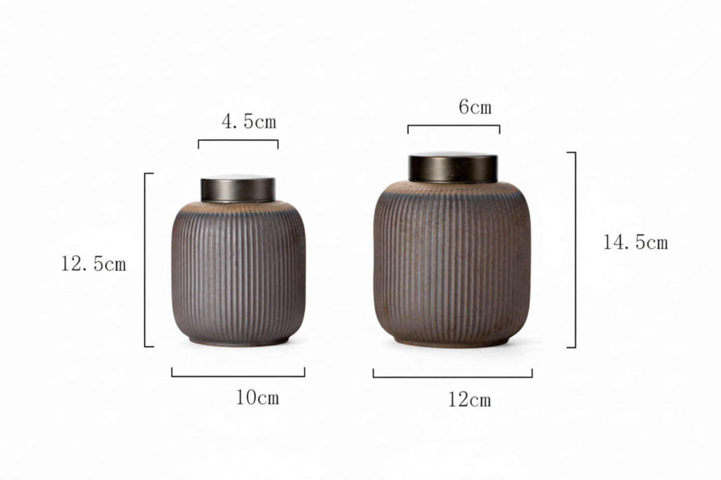 Two ceramic jars, with dimensions labeled on a white background. Grey-brown earthy and warm kitchen tea caddy item. Minimalist home decor and tea storage. 