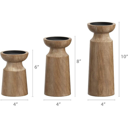 Three wooden candle holders with dimensions on a white background. Earthy and warm home decor. 