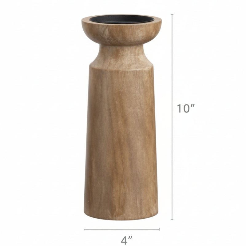 Wooden candle holder large with dimensions on a white background. Earthy and warm home decor. 