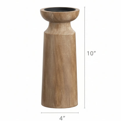 Wooden candle holder large with dimensions on a white background. Earthy and warm home decor. 