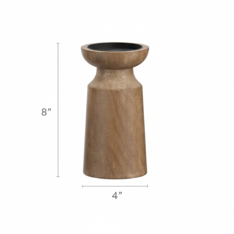 Wooden candle holder with dimensions on a white background. Earthy and warm home decor. 