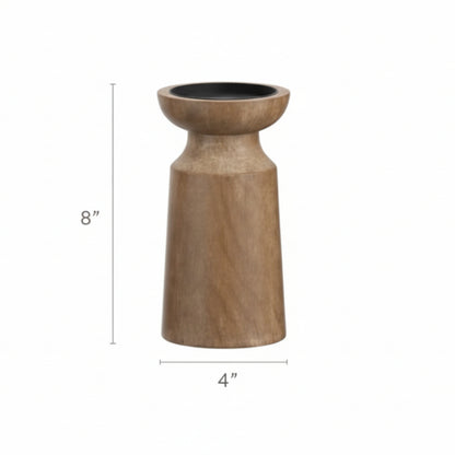 Wooden candle holder with dimensions on a white background. Earthy and warm home decor. 