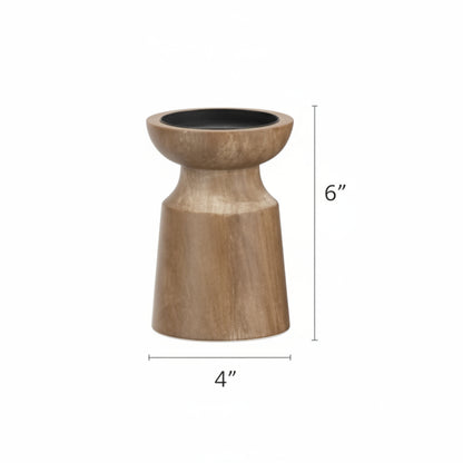 Wooden candle holder with dimensions on a white background. Earthy and warm home decor. 
