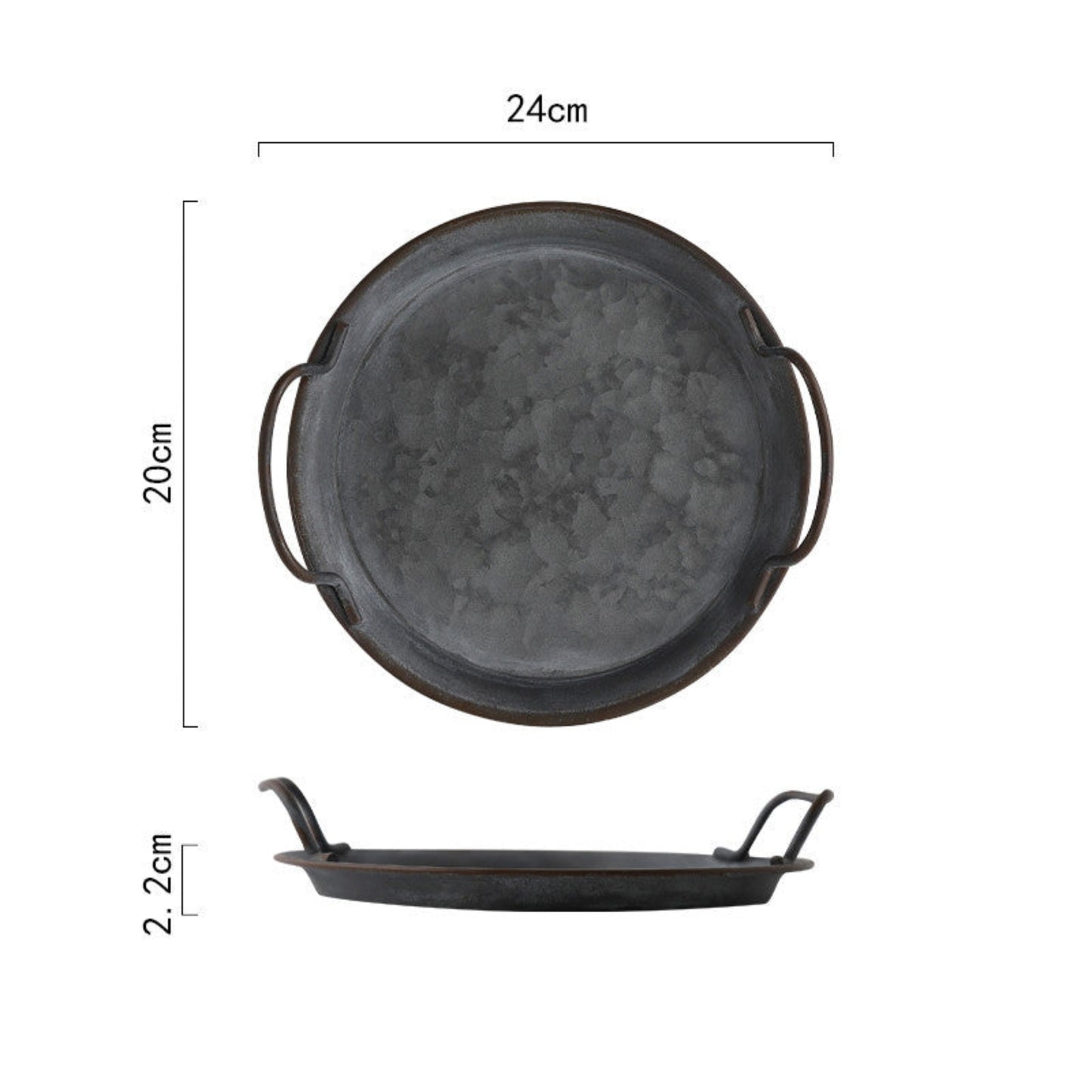 Wrought iron tray with handles on a white background with measurement. Minimalist black kitchen decor centerpiece. 