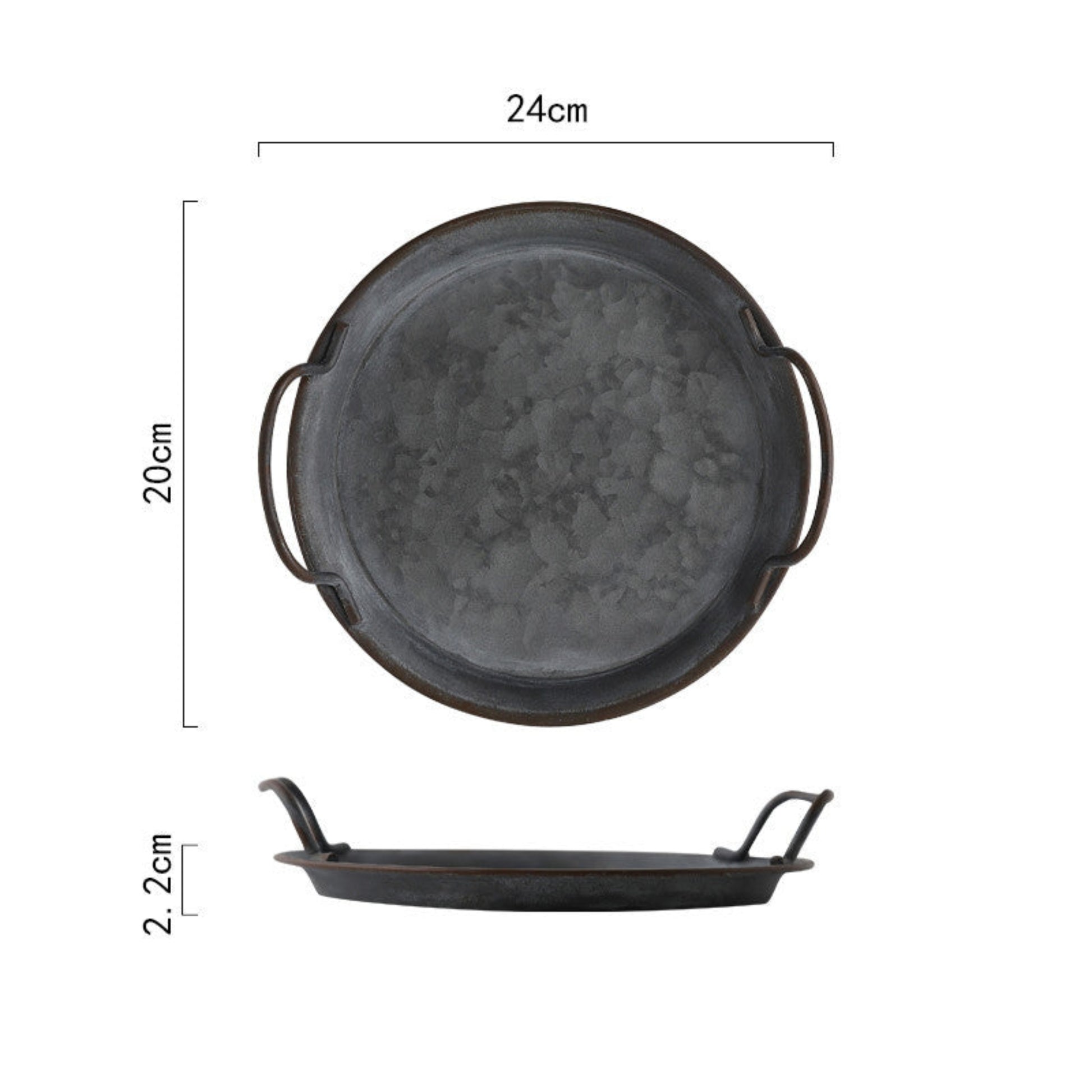 Wrought iron tray with handles on a white background with measurement. Minimalist black kitchen decor centerpiece. 
