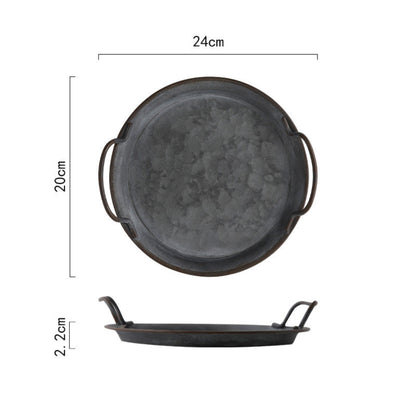 Wrought iron tray with handles on a white background with measurement. Minimalist black kitchen decor centerpiece. 