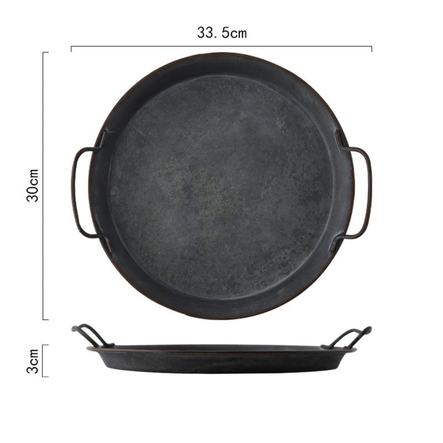 Wrought iron tray with handles on a white background with measurement. Minimalist black kitchen decor centerpiece. 