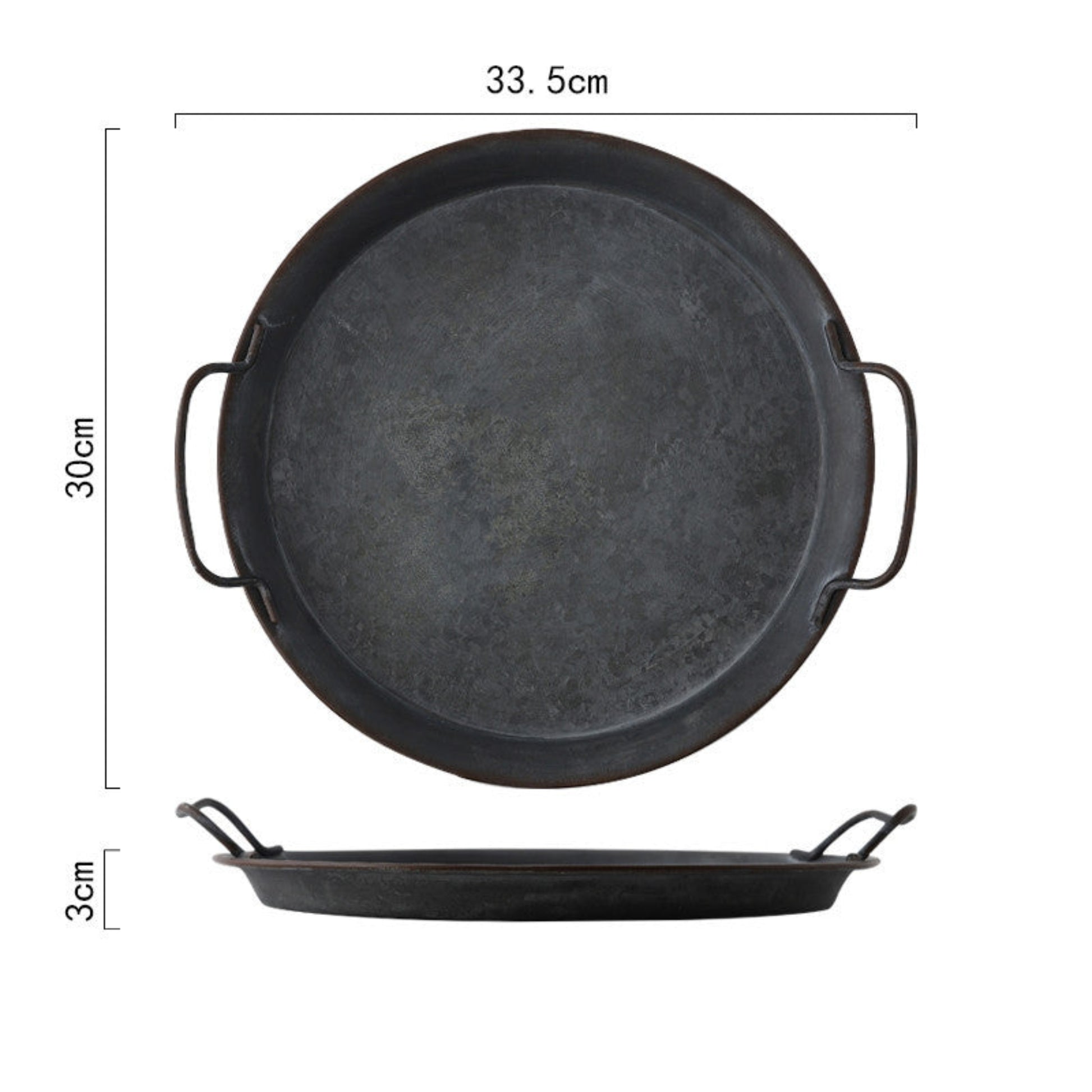Wrought iron tray with handles on a white background with measurement. Minimalist black kitchen decor centerpiece. 