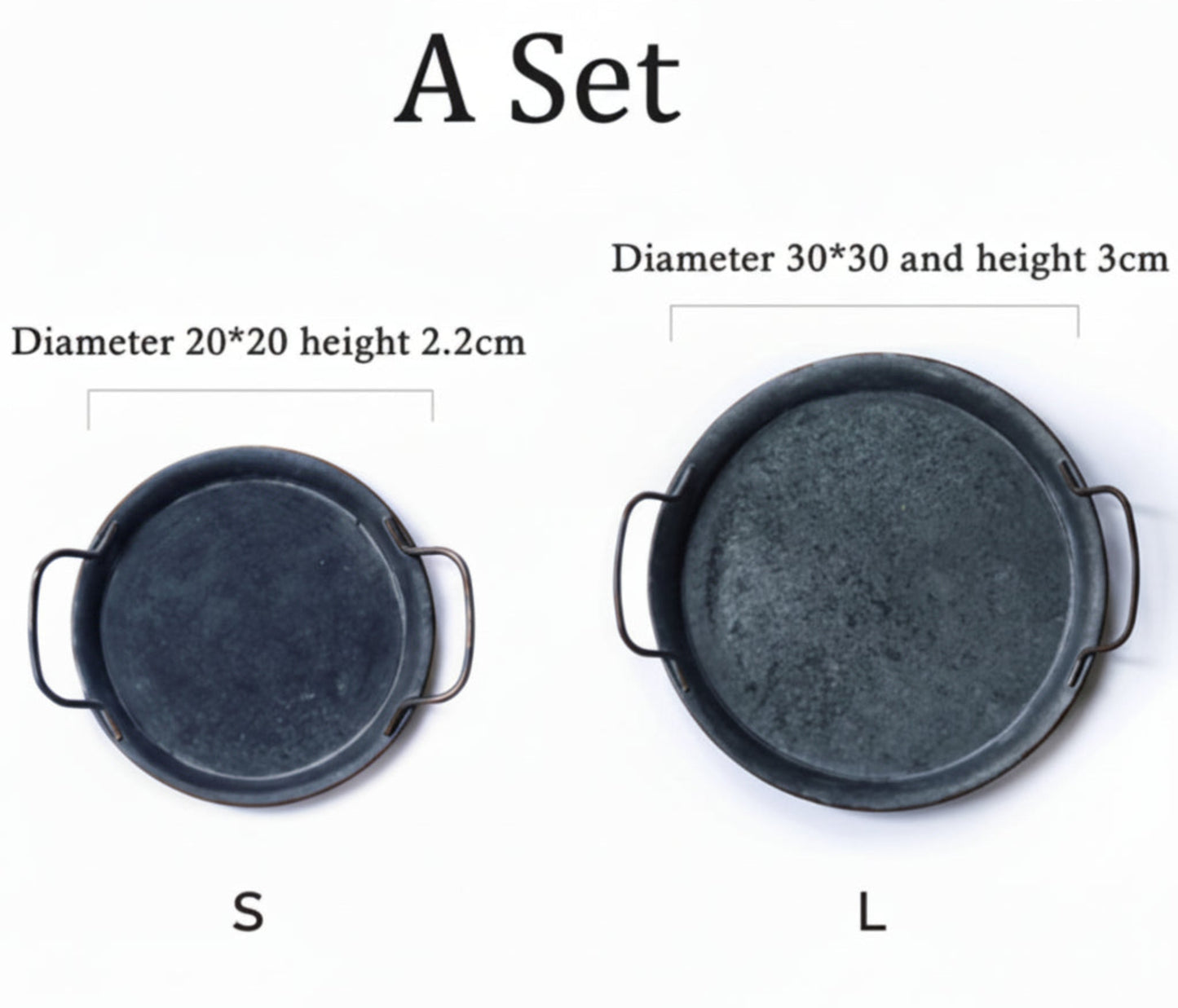 Two wrought iron trays with handles on a white background with measurement. Minimalist black kitchen item set. 