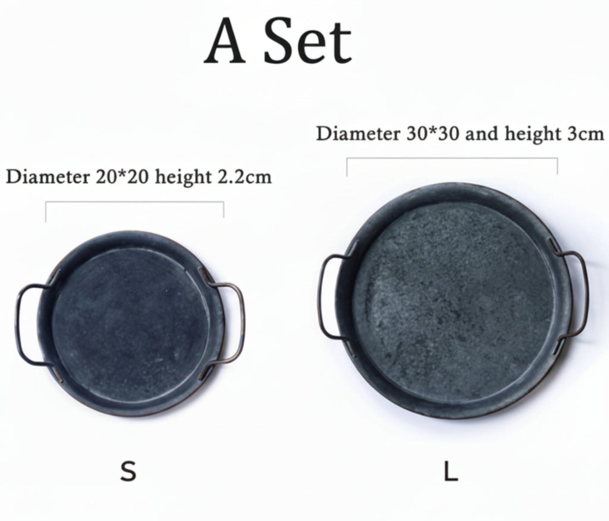 Two wrought iron trays with handles on a white background with measurement. Minimalist black kitchen item set. 